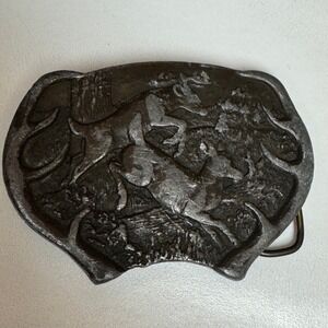 Vintage Pewter Deer Buckle Hunting Scene Belt Buckle Metal Western Cowboy